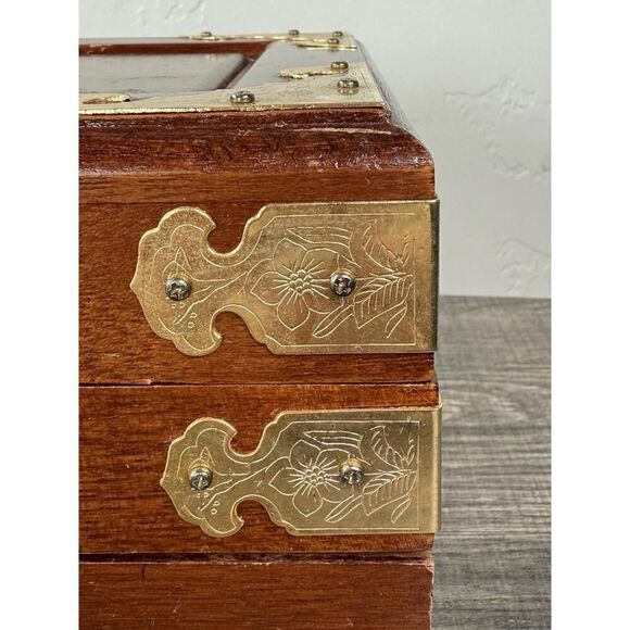 Vintage Asian Brass Inlay Wooden Jewelry Box Chest Organizer 11.5x7x5.5 - Picture 3 of 9